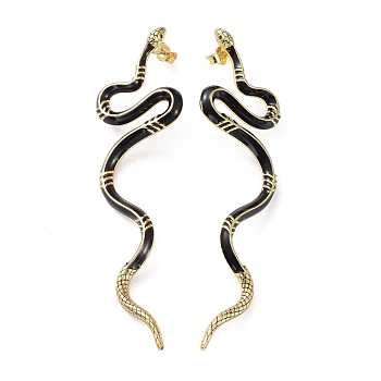 Real 18K Gold Plated Vivid Snake Enamel Stud Earrings, Brass Cubic Zirconia Long Earrings for Girl Women, Black, 78~79x22mm, Pin: 0.8mm