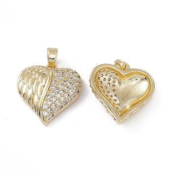 Brass Clear Cubic Zirconia Pendants, Heart with Wing Charms, Real 18K Gold Plated, 19.5x18x5mm, Hole: 4x2.5mm
