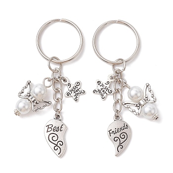 2Pcs 2 Styles Heart Alloy Keychains, with Glass Pearl Beads and Iron Split Key Rings, Angel, White, 7.5cm, 1pc/style