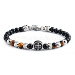 Natural Tiger Eye & Stainless Steel Cross Beaded Bracelet, Antique Silver, 7-5/8 inch(19.5cm)(WG19411-01)