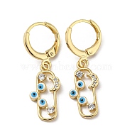 Real 18K Gold Plated Brass Dangle Leverback Earrings, with Enamel and Cubic Zirconia, Evil Eye & Moon, White, 31.5x9mm(EJEW-A033-23G-04)