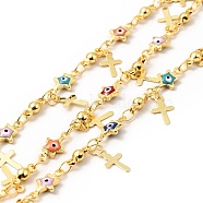 Enamel Star with Evil Eye Link Chains, with Real 18K Gold Plated Brass Cross Charms, Soldered, with Spools , Colorful, 11x5.5x2mm, 7.5x3x2.5mm(CHC-C003-02G-02)