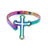 Ion Plating(IP) 201 Stainless Steel Hollow Out Cross Adjustable Ring for Women, Rainbow Color, US Size 6 1/4(16.7mm)(RJEW-K238-06M)