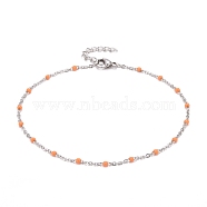 304 Stainless Steel Cable Chain Anklets, with Enamel and Lobster Claw Clasps, Stainless Steel Color, Orange, 230x2mm(AJEW-K030-01P-03)