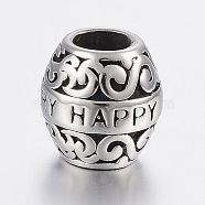 304 Stainless Steel European Beads, Large Hole Beads, Barrel with Word Happy Anniversary, Antique Silver, 10.5x10.5mm, Hole: 5mm(STAS-H440-54AS)