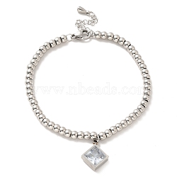 304 Stainless Steel Rhombus Charm Bracelet with Cubic Zirconia, 201 Stainless Steel Round Beads Bracelet for Women, Stainless Steel Color, 8-3/4 inch(22.2cm)(BJEW-B057-09P)