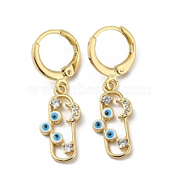 Real 18K Gold Plated Brass Dangle Leverback Earrings, with Enamel and Cubic Zirconia, Evil Eye & Moon, White, 31.5x9mm(EJEW-A033-23G-04)