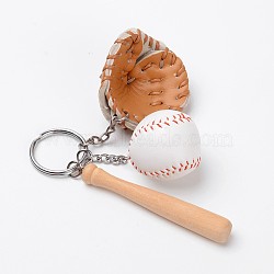 Imitation Leather Keychain, with Wood and Iron Key Ring, Baseball Bat & Baseball Glove & Baseball, Sports Theme, Sandy Brown, 110mm(X-KEYC-L011-01B)