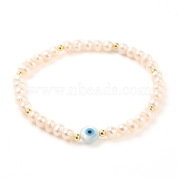 Natural Pearl Beads Stretch Bracelets, with Brass Beads, Natural White Shell Beads and Synthetic Turquoise, Evil Eye, Seashell Color, Inner Diameter: 2-1/2 inch(6.5cm)(BJEW-JB05539-02)