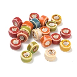 Vintage Handmade Porcelain European Beads, Fancy Antique Glazed Porcelain, Large Hole Beads, Flat Round, Mixed Color, 10.5~11x5.5~7mm, Hole: 4mm, 10pcs/set(PR-CBA7C1A-03)