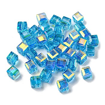 Electroplate Glass Beads, Faceted, Cube, Deep Sky Blue, 5.5x5.5x5.5mm, Hole: 1.6mm , 100pcs/bag