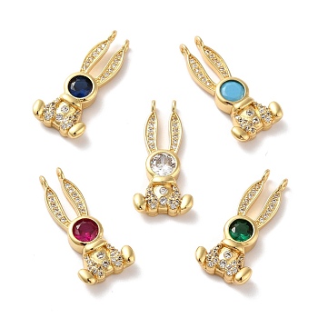 Rack Plating Brass Micro Pave Cubic Zirconia Pendants, Cadmium Free & Lead Free, Real 18K Gold Plated, Rabbit, Mixed Color, 24.5x11x4mm, Hole: 1.2mm
