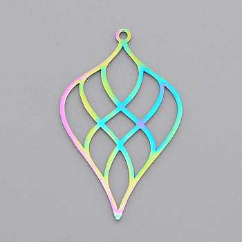 Ion Plating(IP) 201 Stainless Steel Pendants, Laser Cut, Leaf, Rainbow Color, 40x25x1mm, Hole: 1.6mm