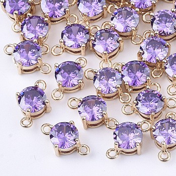 Transparent Glass Links connectors, with Brass Findings, Faceted, Flat Round, Light Gold, Medium Purple, 12x7.5x5mm, Hole: 1.2mm