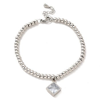 304 Stainless Steel Rhombus Charm Bracelet with Cubic Zirconia, 201 Stainless Steel Round Beads Bracelet for Women, Stainless Steel Color, 8-3/4 inch(22.2cm)