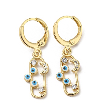Real 18K Gold Plated Brass Dangle Leverback Earrings, with Enamel and Cubic Zirconia, Evil Eye & Moon, White, 31.5x9mm