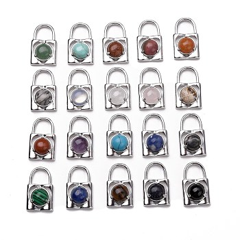 Natural & Synthetic Gemstone Pendants, with Platinum Plated Brass Findings, Lock, Cadmium Free & Lead Free, Mixed Dyed and Undyed, 26.5x16x8mm, Hole: 8.5x9.6mm