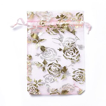 Organza Drawstring Jewelry Pouches, Wedding Party Gift Bags, Rectangle with Gold Stamping Rose Pattern, Pink, 15x10x0.11cm