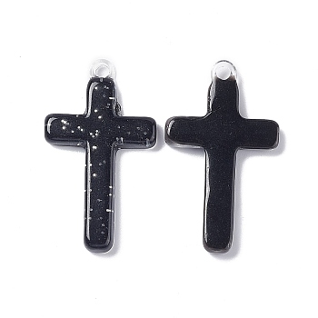 Opaque Acrylic Pendants, with Sequins, Cross Charm, Black, 32x18.5x3mm, Hole: 2mm