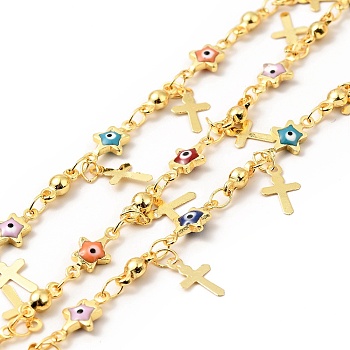 Enamel Star with Evil Eye Link Chains, with Real 18K Gold Plated Brass Cross Charms, Soldered, with Spools , Colorful, 11x5.5x2mm, 7.5x3x2.5mm