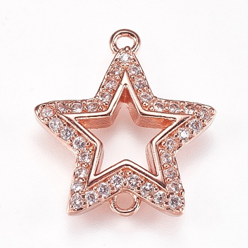 Brass Micro Pave Cubic Zirconia Links, Star, Clear, Rose Gold, 16x15x2mm, Hole: 1mm