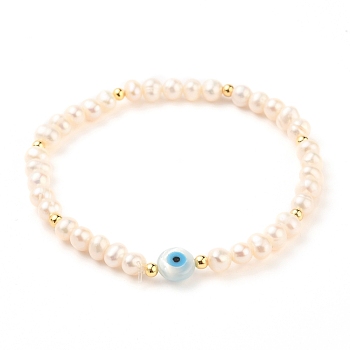 Natural Pearl Beads Stretch Bracelets, with Brass Beads, Natural White Shell Beads and Synthetic Turquoise, Evil Eye, Seashell Color, Inner Diameter: 2-1/2 inch(6.5cm)