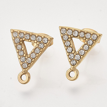304 Stainless Steel Stud Earring Findings, with Rhinestone, Loop and Ear Nuts/Earring Backs, Triangle, Golden, Crystal, 15x13.5x2mm, Hole: 1.5mm, Pin: 0.8mm