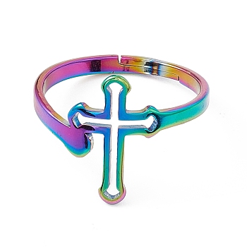 Ion Plating(IP) 201 Stainless Steel Hollow Out Cross Adjustable Ring for Women, Rainbow Color, US Size 6 1/4(16.7mm)