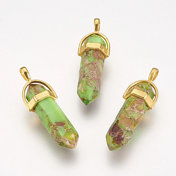 Synthetic Regalite/Imperial Jasper/Sea Sediment Jasper Pointed Pendants, with Brass Findings, Dyed, Bullet, Golden, Light Green, 35~41x12.8x10mm, Hole: 3x4mm