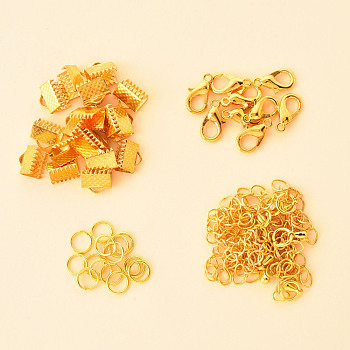 50 Pieces DIY Ribbon Ends Making Kits, Including Iron Ribbon Crimp Ends & Unsoldered Jump Rings, Zinc Alloy Lobster Claw Clasps, Brass Chain Extenders, Golden, 8x8mm