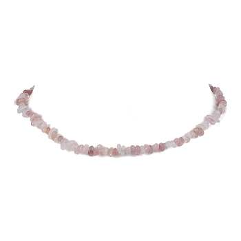 Natural Rose Quartz Chip Beaded Necklace, Stainless Steel Color, 15.94~15.98 inch(40.5~40.6cm)