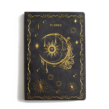 A5 PU Leather Notebook, with Paper Inside, for School Office Supplies, Rectangle with Moon Pattern, Black, 205x140mm