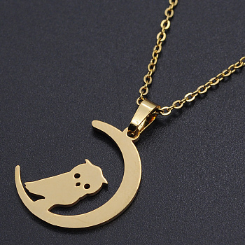 201 Stainless Steel Pendants Necklaces, with Cable Chains and Lobster Claw Clasps, Halloween Theme, Owl with Moon, Golden, 17.71 inch(45cm), 1.5mm
