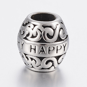 304 Stainless Steel European Beads, Large Hole Beads, Barrel with Word Happy Anniversary, Antique Silver, 10.5x10.5mm, Hole: 5mm