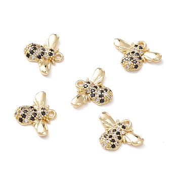 Brass Micro Pave Clear & Black Cubic Zirconia Charms, Cadmium Free & Lead Free, Bee, Light Gold, 12x13.5x2.5mm, Hole: 1.2mm