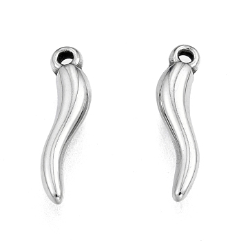 201 Stainless Steel Charms, Horn of Plenty, Italian Horn Cornicello, Stainless Steel Color, 15x4x2.5mm, Hole: 1mm