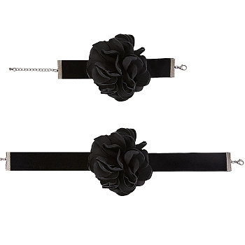 Gothic Cloth Flower Cord Bracelet & Choker Necklace, Velvet Jewelry Set for Women, Black, 7~7-3/8 inch(17.7~18.7cm), 
13.31~13.46 inch(33.8~34.2cm), 2Pcs/set