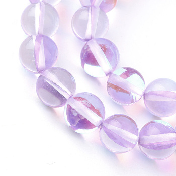 Synthetic Moonstone Beads Strands, Holographic Beads, Dyed, Round, Lilac, 8mm, Hole: 1mm, about 45~47pcs/strand, 14~15 inch