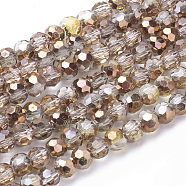 Electroplate Glass Beads Strands, Half Plated, Faceted(32 Facets), Round, Copper Plated, 4mm, Hole: 1mm, about 88~90pcs/strand, 28~30cm(EGLA-J042-4mm-H03)