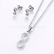304 Stainless Steel Jewelry Sets, Stud Earrings and Pendant Necklaces, Infinity, Stainless Steel Color, Necklace: 17.7 inches(45cm), Stud Earrings: 9.5x4x1.2mm, Pin: 0.8mm(SJEW-O090-10P)