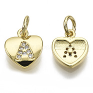 Brass Micro Pave Clear Cubic Zirconia Charms, with Jump Ring, Heart with Letter, Real 16K Gold Plated, Nickel Free, Letter.A, 10x9x2mm, Jump Ring: 5x1mm, 3mm inner diameter(KK-N227-34A-NF)