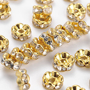 Brass Rhinestone Spacer Beads, Grade B, Clear, Golden Metal Color, Size: about 8mm in diameter, 3.8mm thick, hole: 1.5mm(RSB030-B01G)