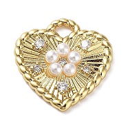 Rack Plating Brass Micro Pave Cubic Zirconia and Plastic pearl Pendants, Heart Charms, Long-Lasting Plated, Cadmium Free & Lead Free, Heart, Real 18K Gold Plated, 14.5x14x3mm, Hole: 2x2.3mm(KK-Q786-07G)