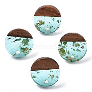 Transparent Resin & Walnut Wood Stud Earring Findings, with 304 Stainless Steel Pin and Gold Foil, Flat Round, Pale Turquoise, 14mm, Hole: 1.8mm, Pin: 0.7mm(X-MAK-N032-007A-F02)