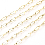Brass Paperclip Chains, Flat Oval, Drawn Elongated Cable Chains, Soldered, Long-Lasting Plated, with Spool, Real 18K Gold Plated, 12x4x0.8mm, about 16.4 Feet(5m)/roll(CHC-G007-03G)