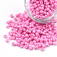 8/0 Baking Paint Glass Seed Beads, Round Hole, Round, Pearl Pink, 3~3.5x2mm, Hole: 1~1.2mm, about 10000Pcs/pound(SEED-R051-07B-04)