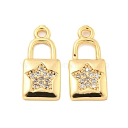 Brass Micro Pave Clear Cubic Zirconia Pendants, Lock with Star Pattern Charms, Real 18K Gold Plated, 16.5x7.5x1.5mm, Hole: 1.6mm(KK-G492-03A-G)