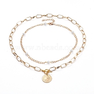 Pendant Necklaces Set, with 304 Stainless Steel Coin Pendants, Glass Pearl Beads and Aluminium Paperclip Chains, Flat Round, Golden, Glass Pearl Necklace: 15.15 inch(38.5cm), Coin Pendant Necklaces: 20.6 inch(52.5cm)(NJEW-JN02749)