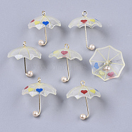Printed Acrylic Pendants, with ABS Plastic Imitation Pearl and Golden Plated Brass Loops, Umbrella with Heart Pattern, Colorful, 20~21x20x20mm, Hole: 1.6mm(X-KY-S163-093B-02)