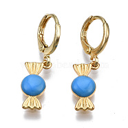 Brass Enamel Huggie Hoop Earrings, Nickel Free, Real 16K Gold Plated, Candy, Dodger Blue, 30x8mm, Pin: 1mm(EJEW-T014-19G-03-NF)